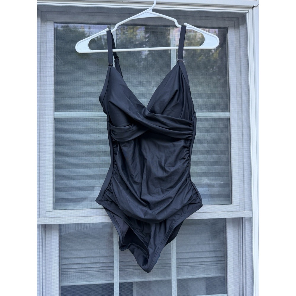 NWT DKNY Women's Black One Piece crossover  v-neck Swimsuit